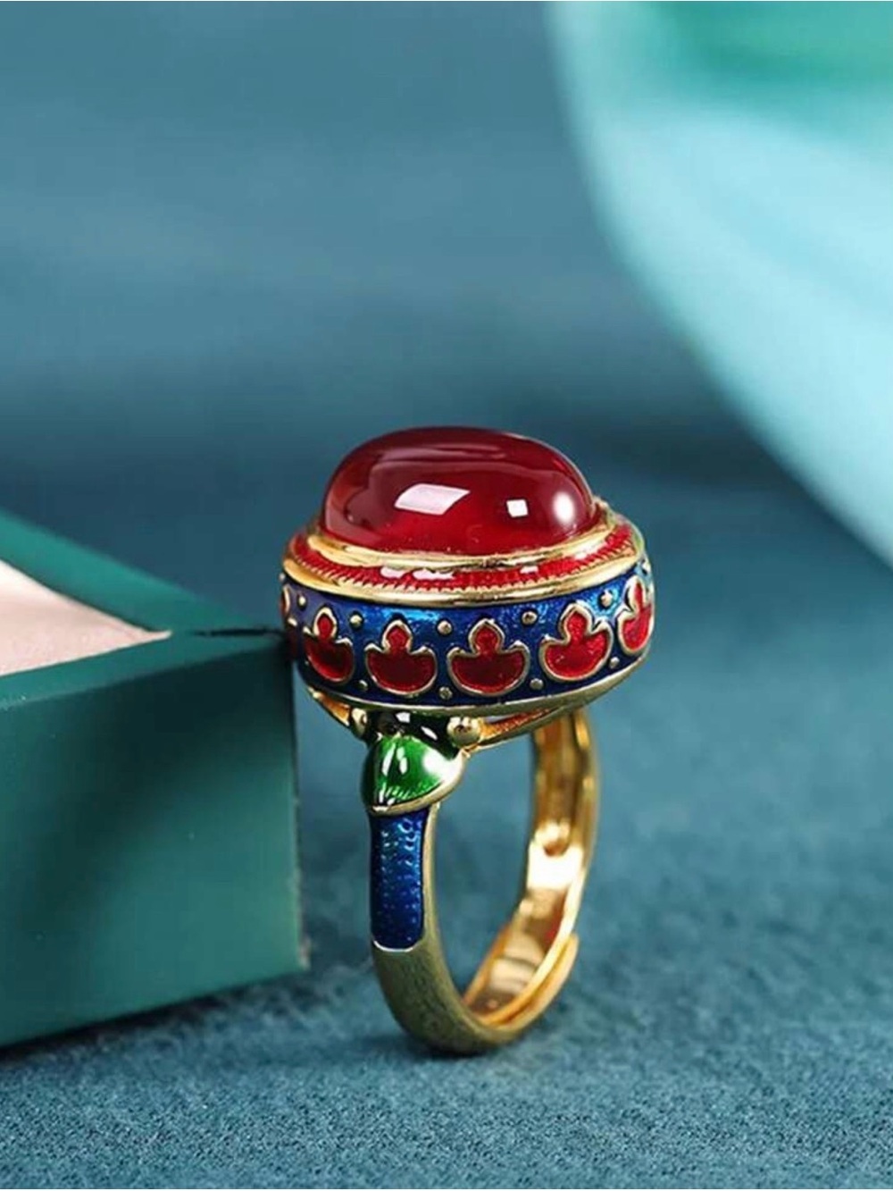Vintage Enamel Statement Ring – Red Cabochon Gold Tone Cocktail Ring - Picture 2 of 4